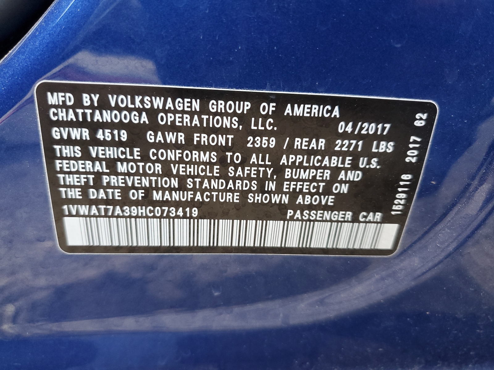 1VWAT7A39HC073419 2017 Volkswagen Passat S