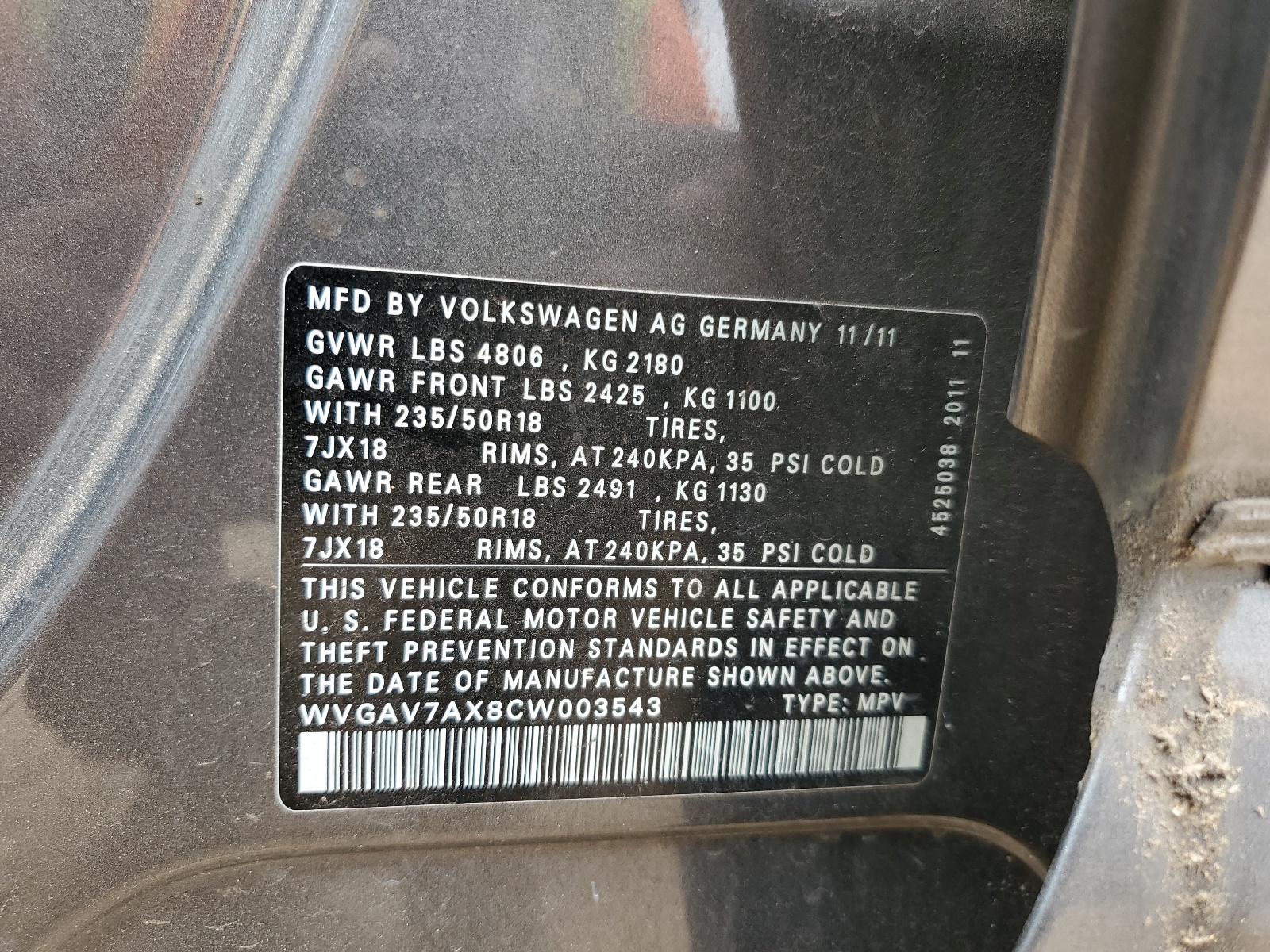 WVGAV7AX8CW003543 2012 Volkswagen Tiguan S