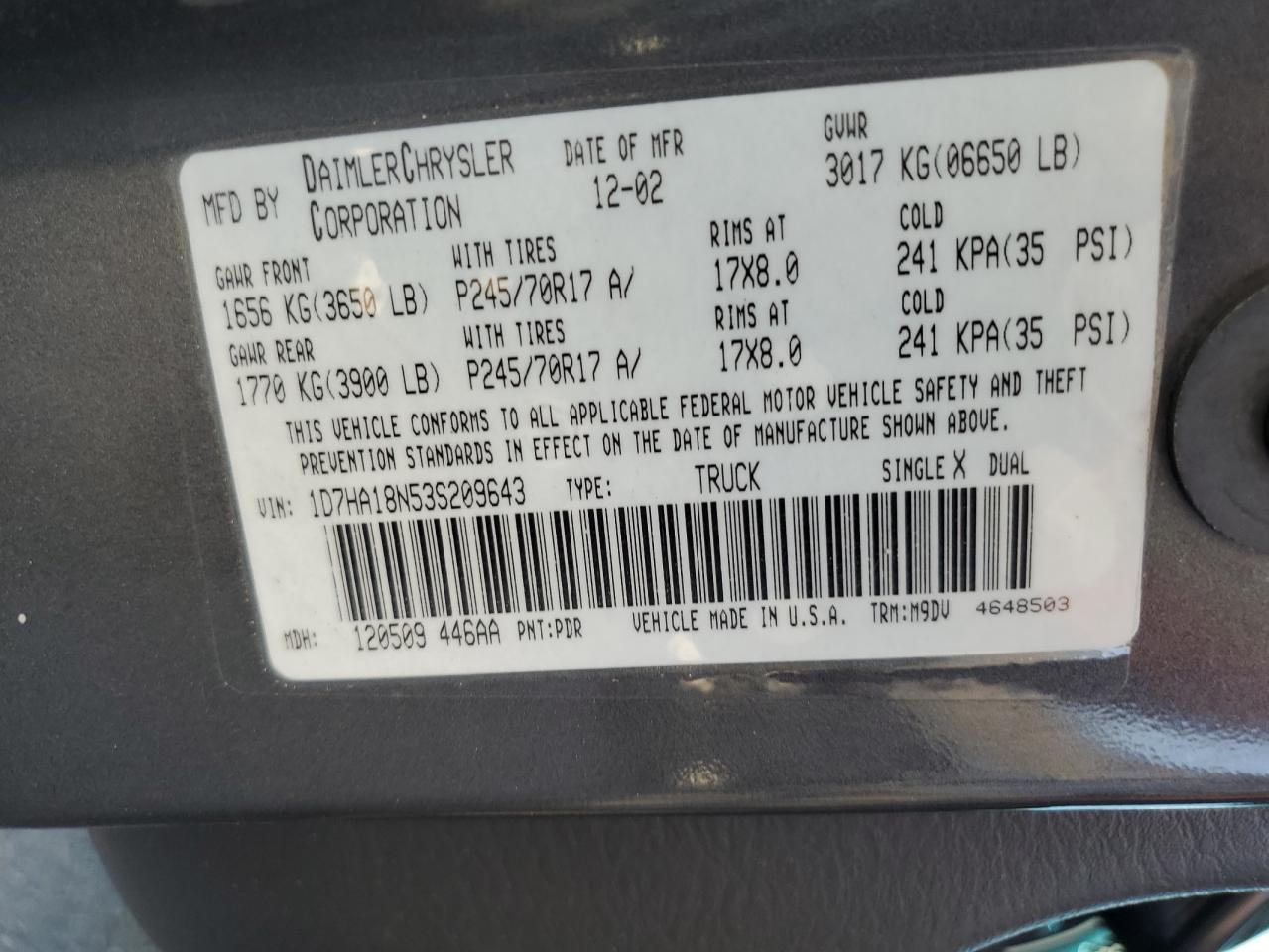 2003 Dodge Ram 1500 St VIN: 1D7HA18N53S209643 Lot: 58954814