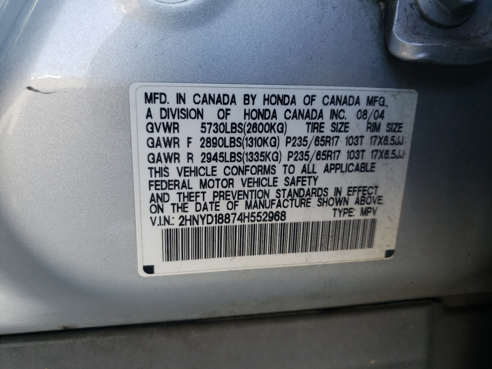 2HNYD18874H552968 2004 Acura Mdx Touring