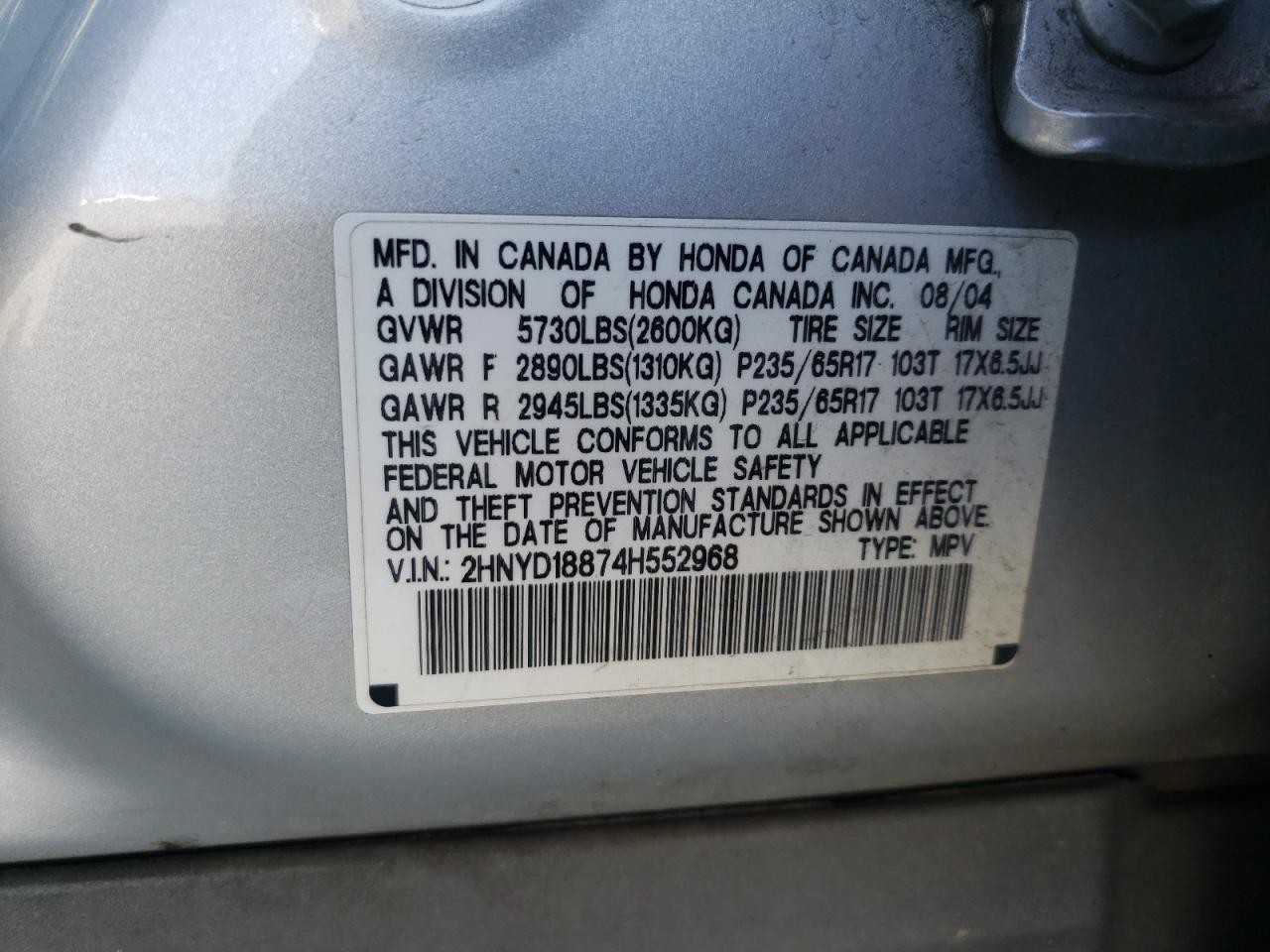 2004 Acura Mdx Touring VIN: 2HNYD18874H552968 Lot: 59995224