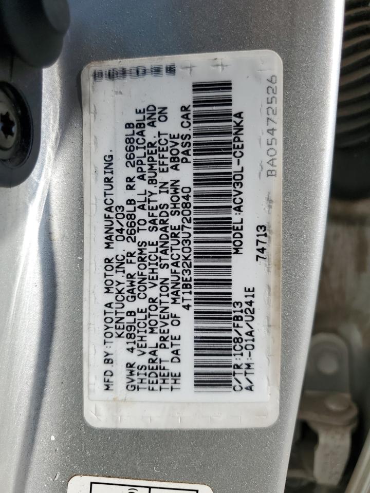 2003 Toyota Camry Le VIN: 4T1BE32K03U720840 Lot: 61044474