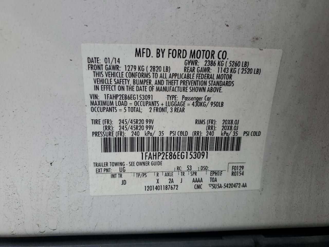 1FAHP2E86EG153091 2014 Ford Taurus Sel