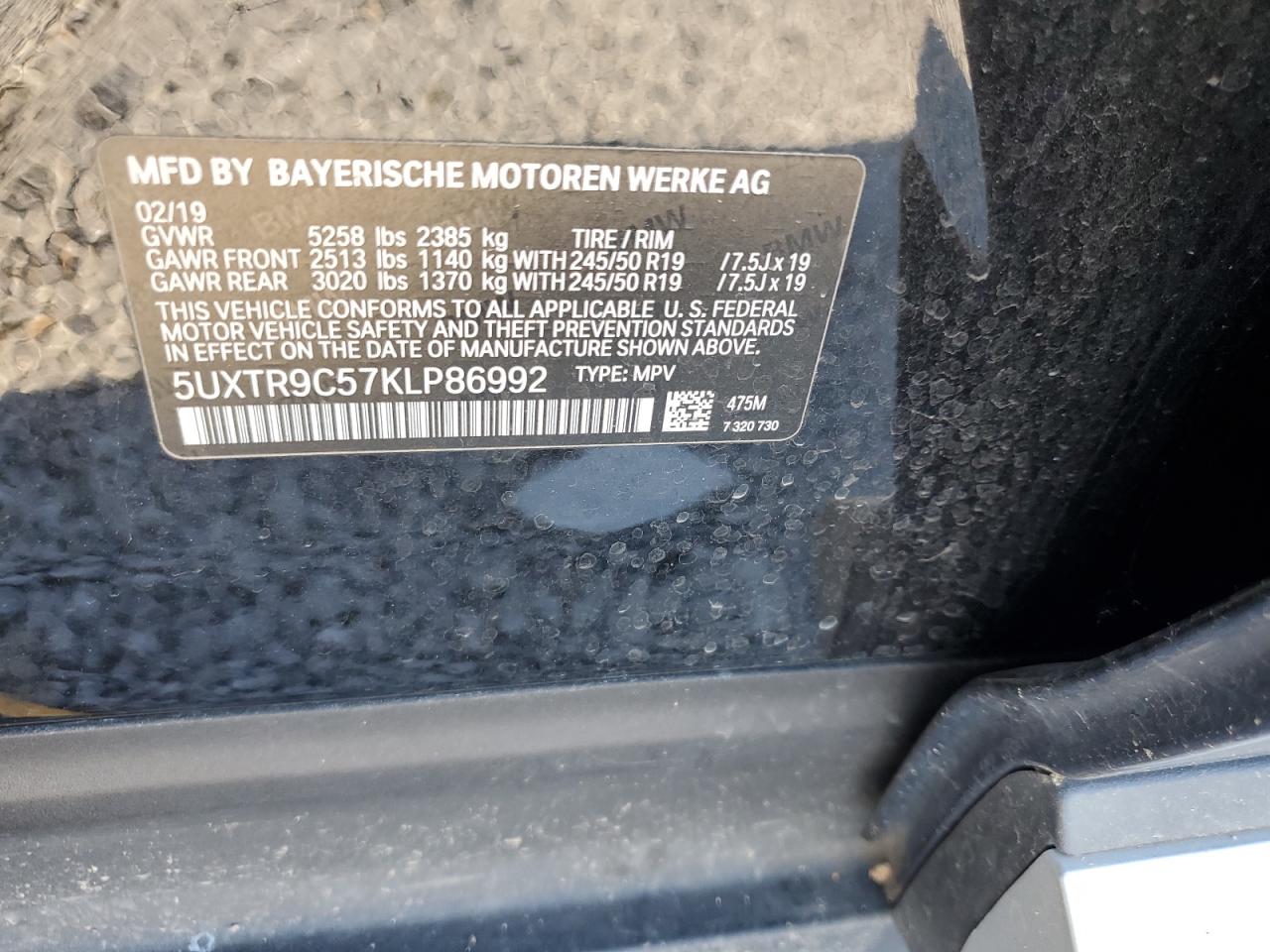 2019 BMW X3 xDrive30I VIN: 5UXTR9C57KLP86992 Lot: 60347594