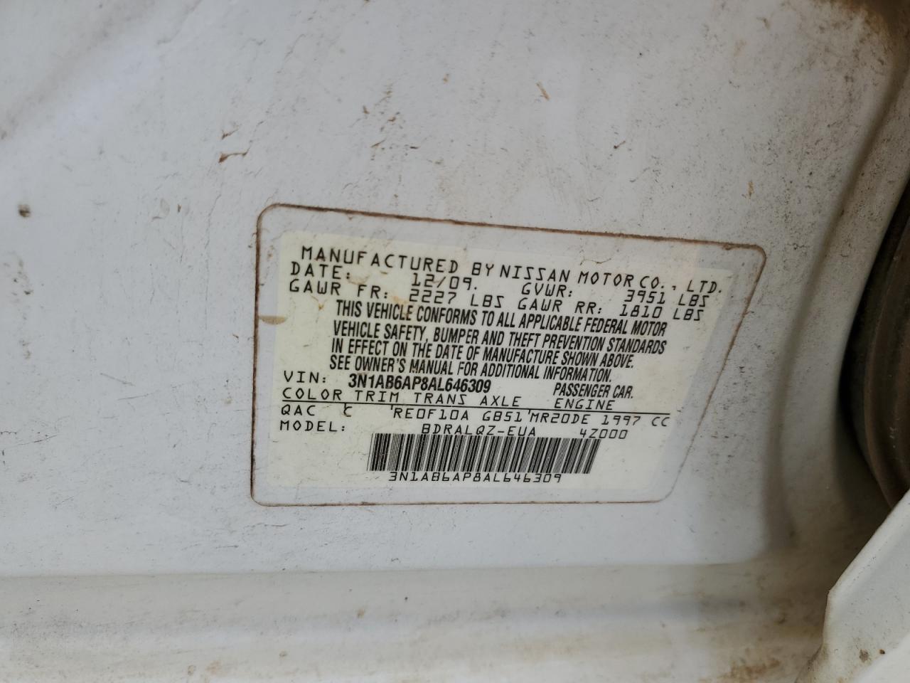 2010 Nissan Sentra 2.0 VIN: 3N1AB6AP8AL646309 Lot: 57614414