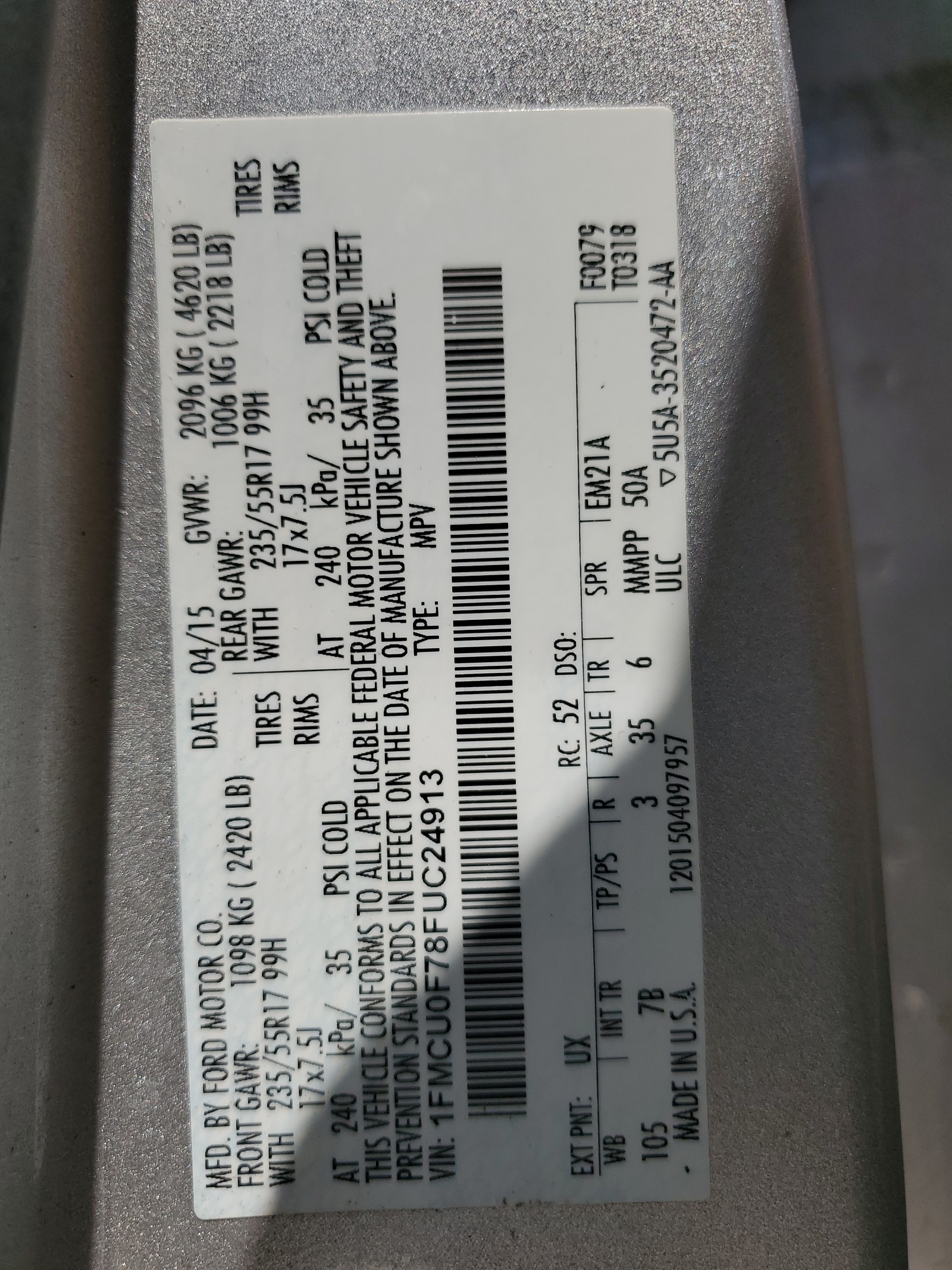 1FMCU0F78FUC24913 2015 Ford Escape S