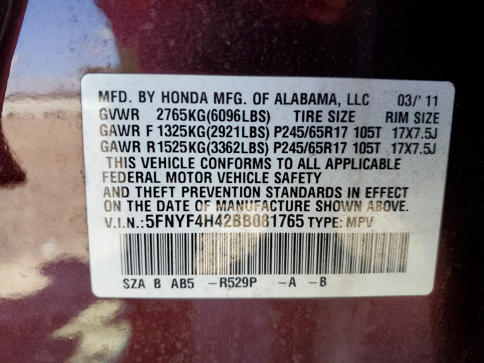 5FNYF4H42BB081765 2011 Honda Pilot Ex