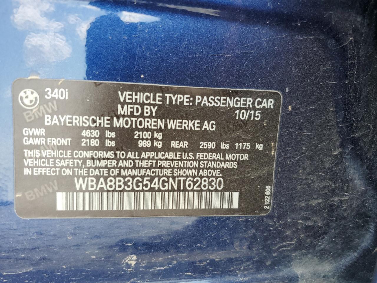 2016 BMW 340 I VIN: WBA8B3G54GNT62830 Lot: 60760624