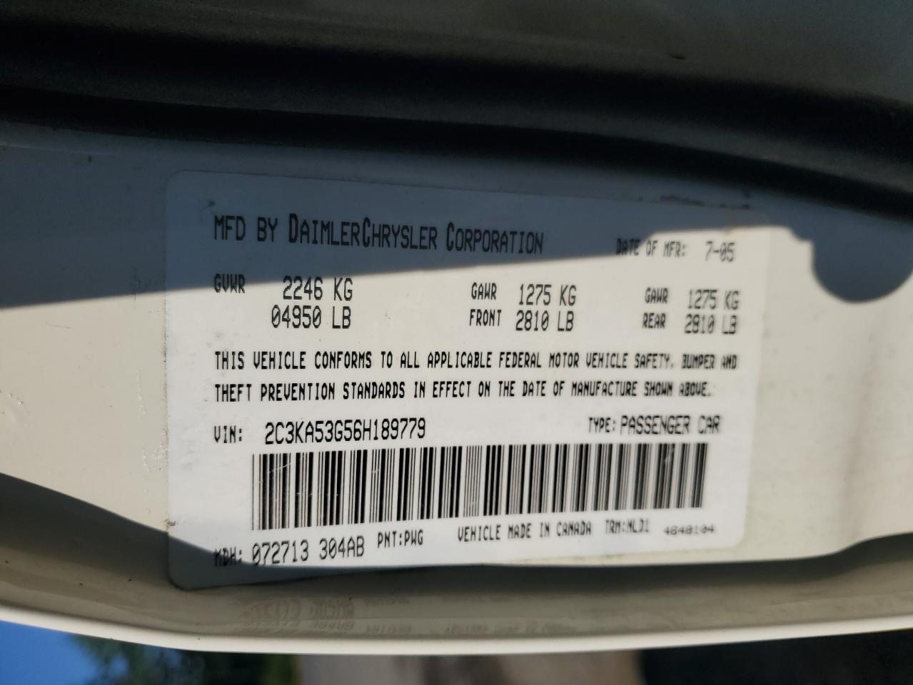 2006 Chrysler 300 Touring VIN: 2C3KA53G56H189779 Lot: 60316534