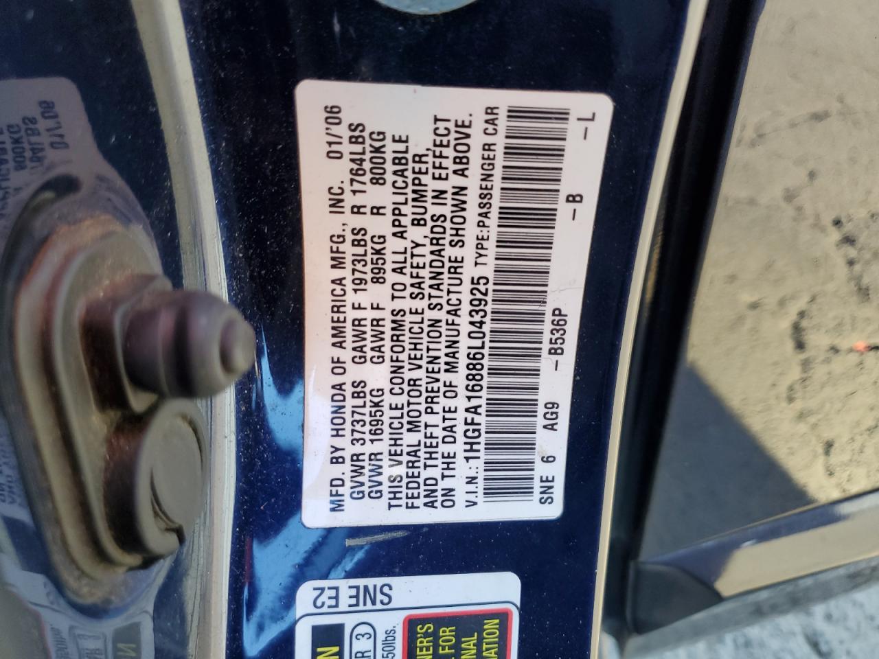 1HGFA16886L043925 2006 Honda Civic Ex