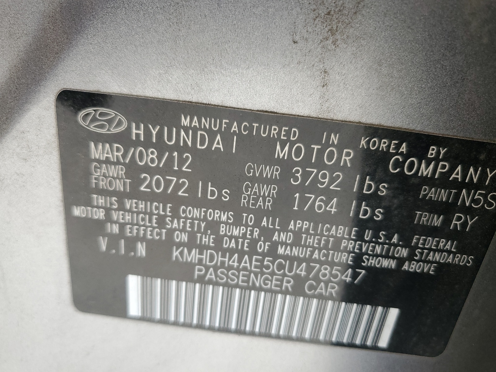 KMHDH4AE5CU478547 2012 Hyundai Elantra Gls