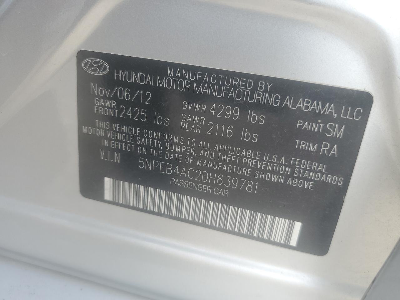 2013 Hyundai Sonata Gls VIN: 5NPEB4AC2DH639781 Lot: 60748294