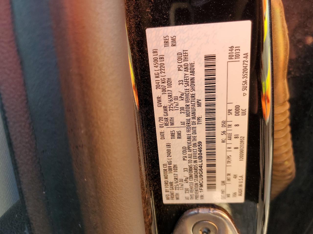 2020 Ford Escape Se VIN: 1FMCU9G64LUB04659 Lot: 58704224