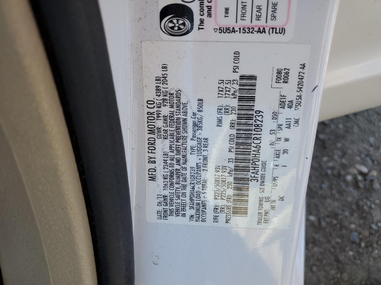 2012 Ford Fusion Se VIN: 3FAHP0HA6CR108239 Lot: 58517074