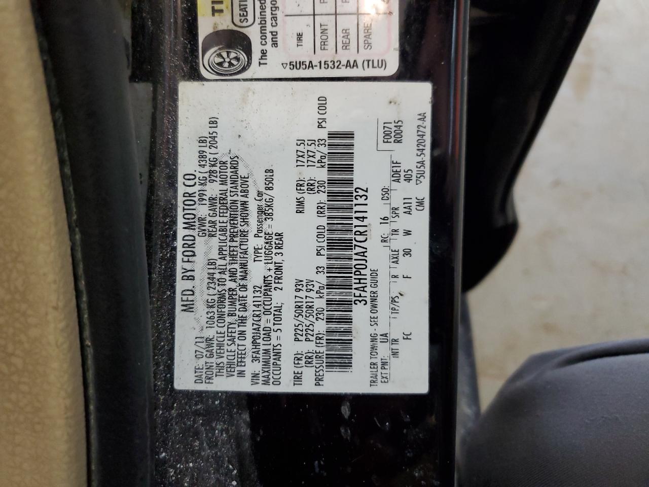 2012 Ford Fusion Sel VIN: 3FAHP0JA7CR141132 Lot: 57187074