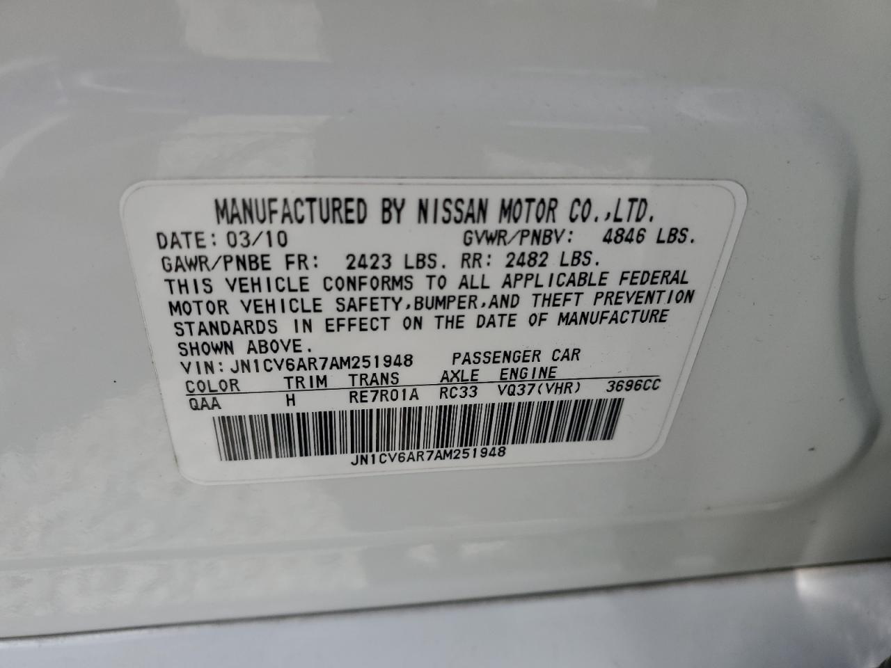 2010 Infiniti G37 VIN: JN1CV6AR7AM251948 Lot: 58280914