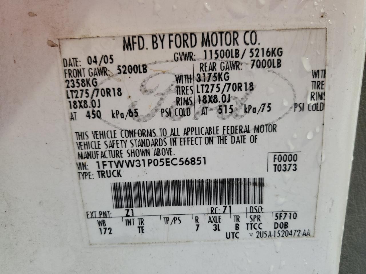1FTWW31P05EC56851 2005 Ford F350 Srw Super Duty 1FTWW31P05EC56851 2005 Ford F350 Srw Super Duty
