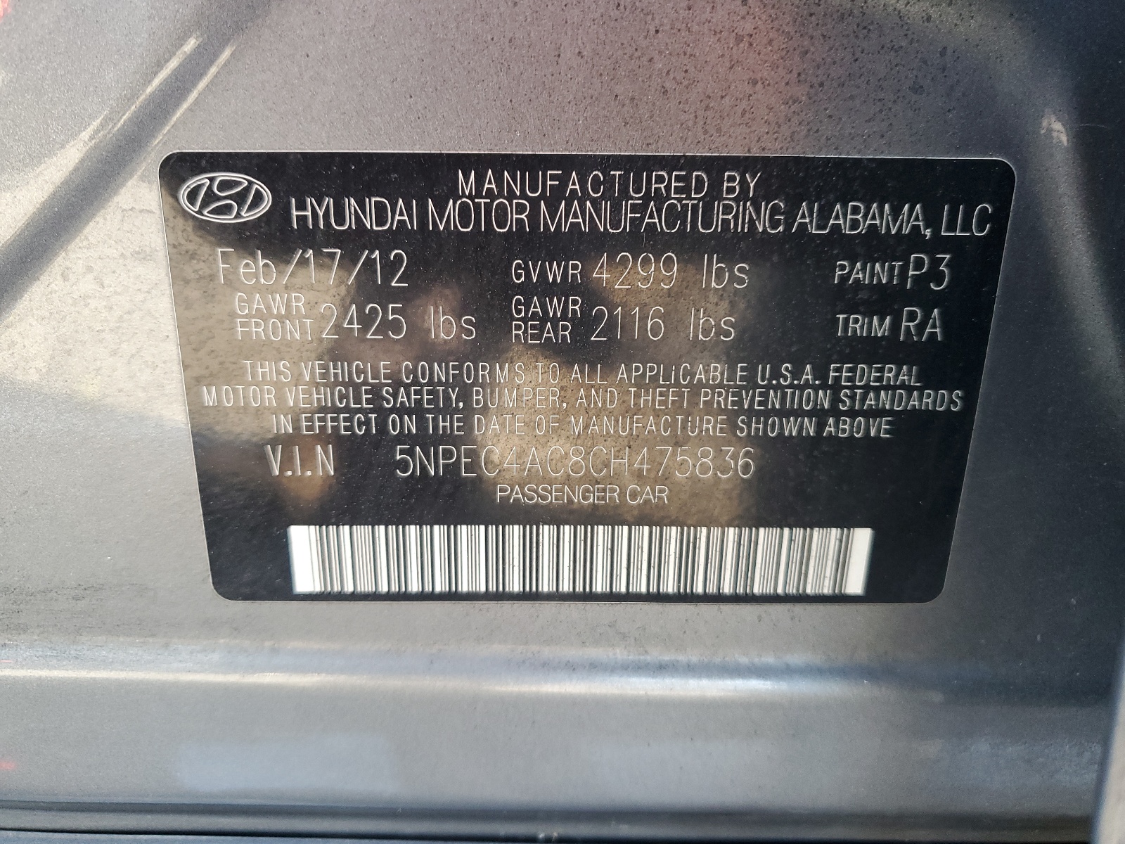 2012 Hyundai Sonata Se vin: 5NPEC4AC8CH475836