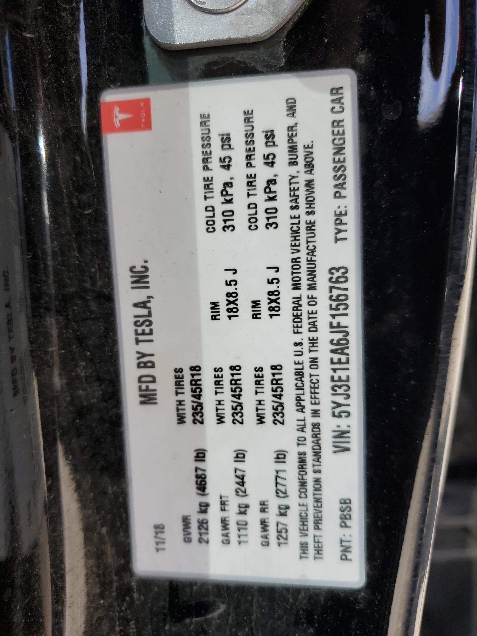 5YJ3E1EA6JF156763 2018 Tesla Model 3