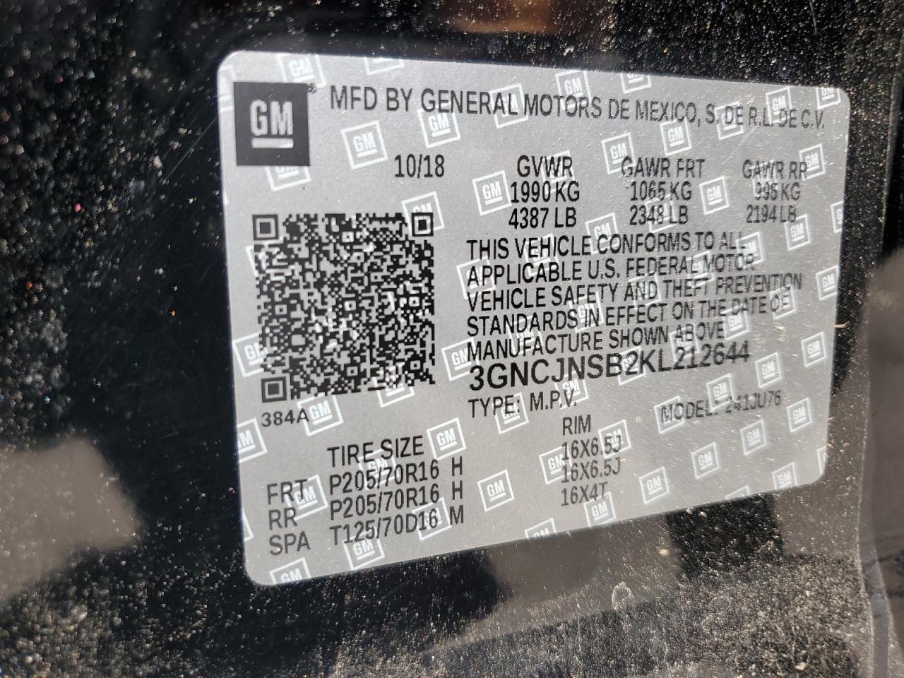 2019 Chevrolet Trax Ls VIN: 3GNCJNSB2KL212644 Lot: 60874084