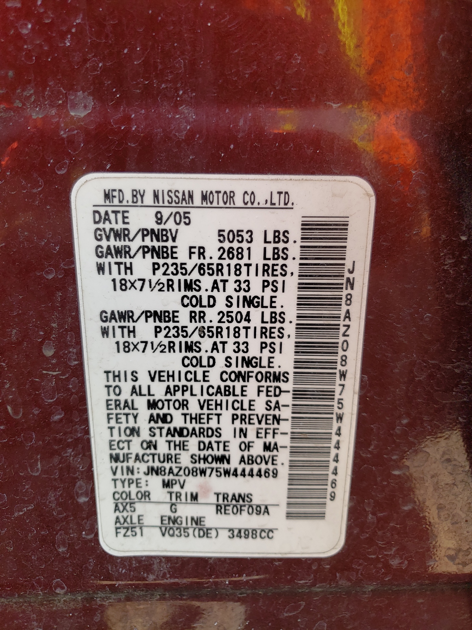 JN8AZ08W75W444469 2005 Nissan Murano Sl