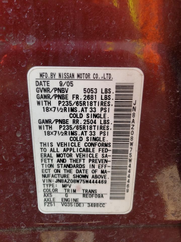 2005 Nissan Murano Sl VIN: JN8AZ08W75W444469 Lot: 59333324
