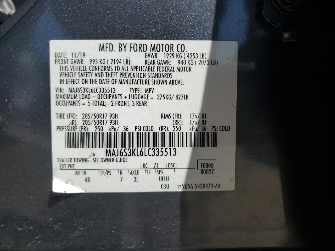 2020 Ford Ecosport Titanium VIN: MAJ6S3KL6LC335513 Lot: 59078714