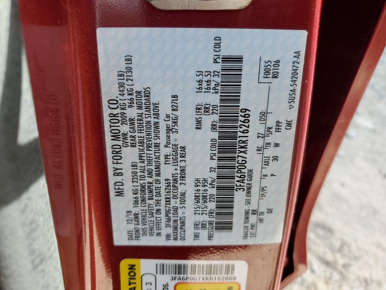 2019 Ford Fusion S VIN: 3FA6P0G7XKR162669 Lot: 92043085