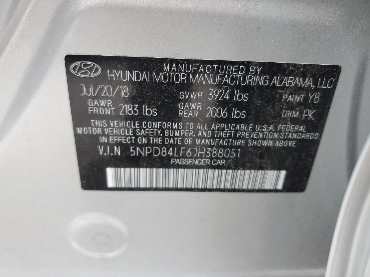 2018 Hyundai Elantra Sel VIN: 5NPD84LF6JH388051 Lot: 59280094