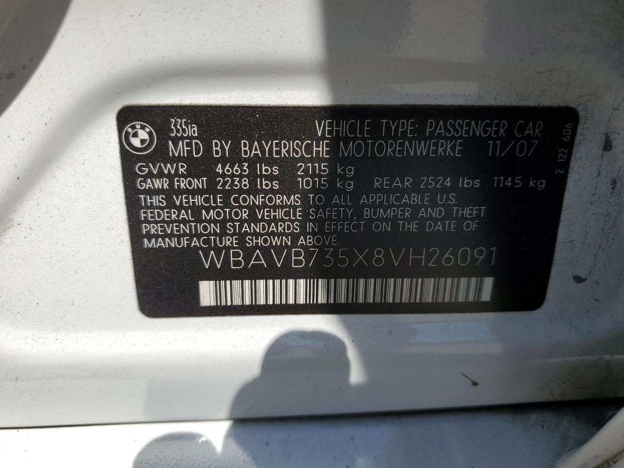 2008 BMW 335 I VIN: WBAVB735X8VH26091 Lot: 59714444