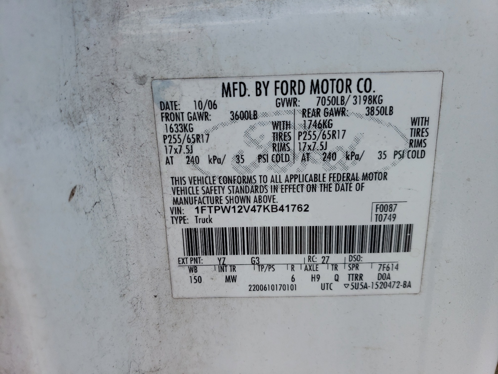 1FTPW12V47KB41762 2007 Ford F150 Supercrew
