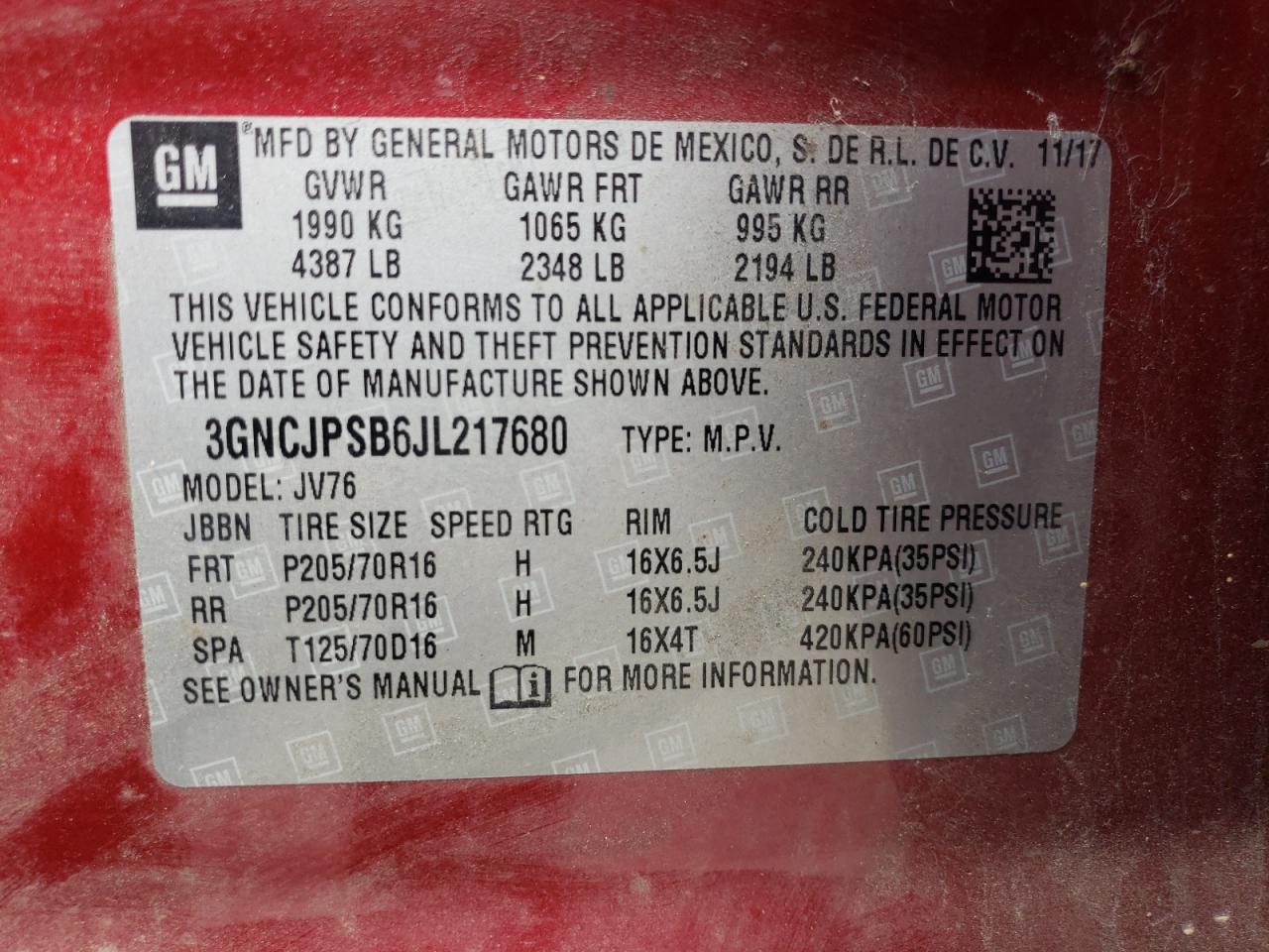 2018 Chevrolet Trax 1Lt VIN: 3GNCJPSB6JL217680 Lot: 60637804