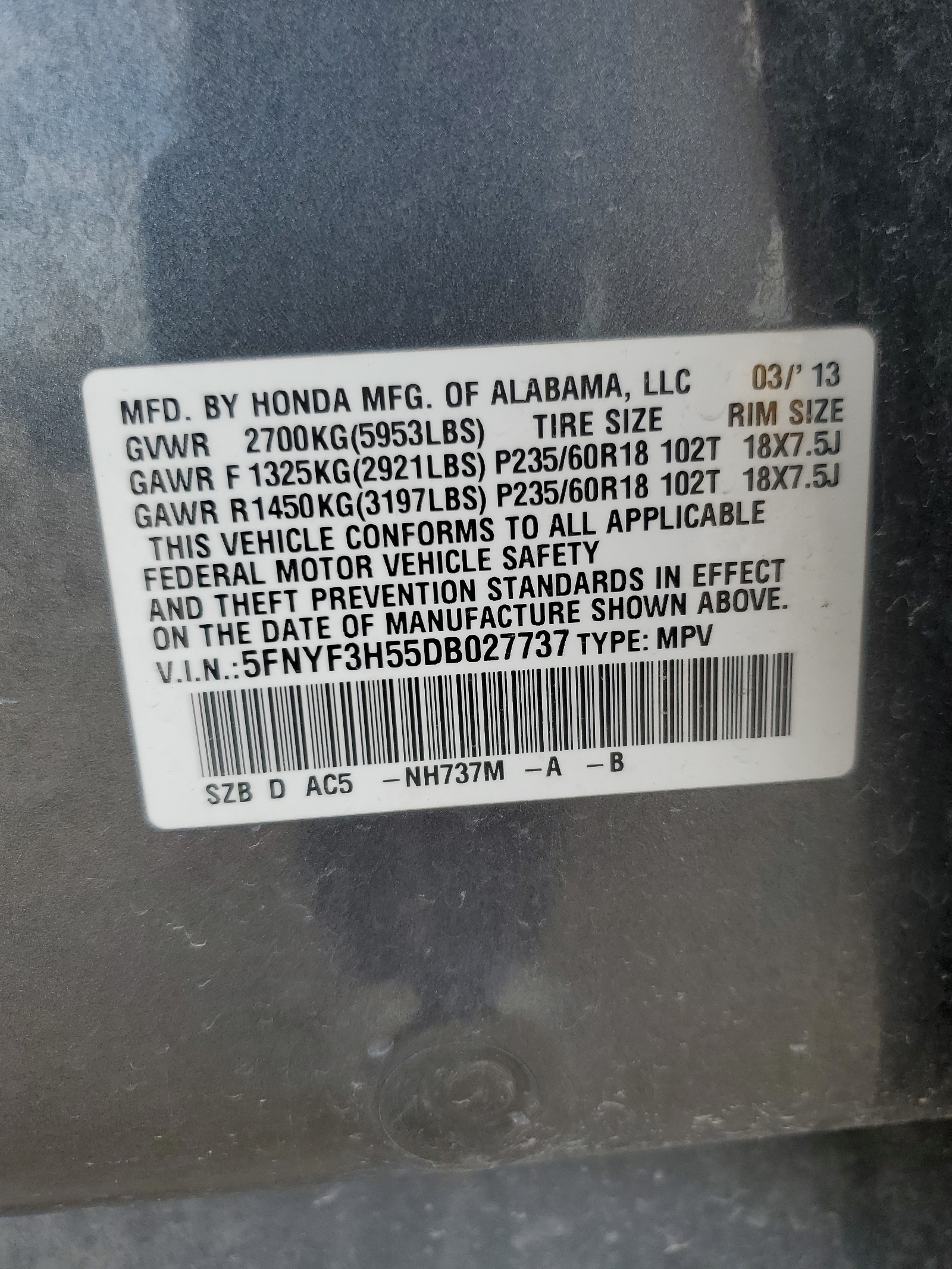 5FNYF3H55DB027737 2013 Honda Pilot Exl