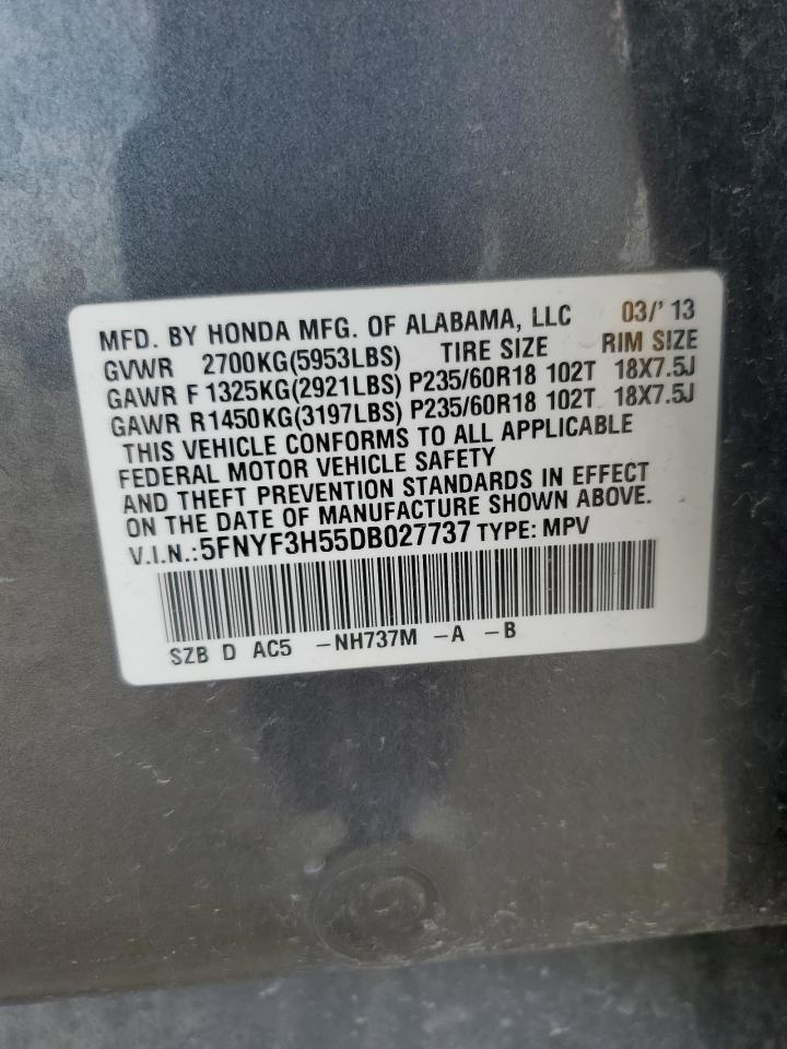 2013 Honda Pilot Exl VIN: 5FNYF3H55DB027737 Lot: 60571084