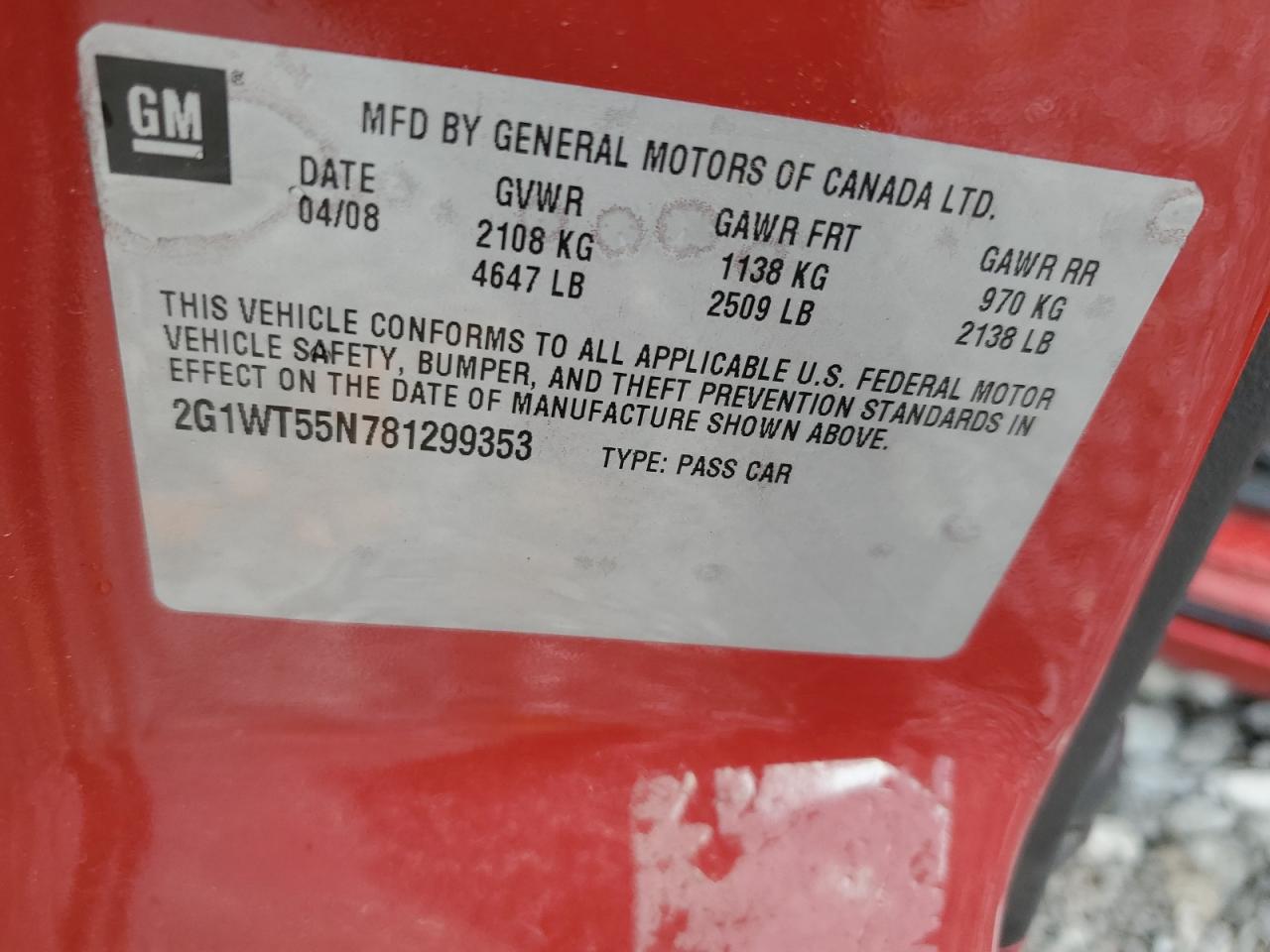 2008 Chevrolet Impala Lt VIN: 2G1WT55N781299353 Lot: 60845674