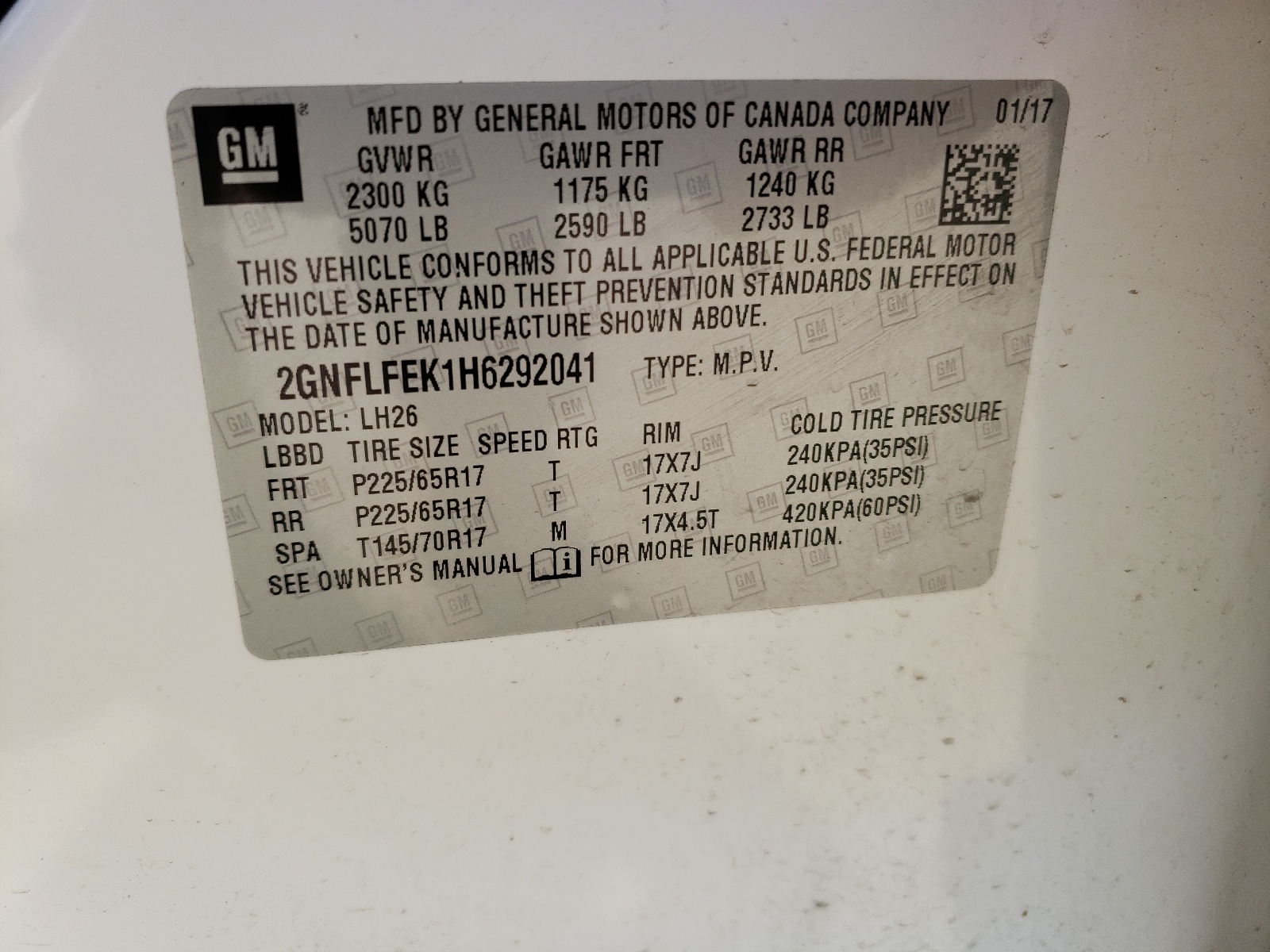 2GNFLFEK1H6292041 2017 Chevrolet Equinox Lt