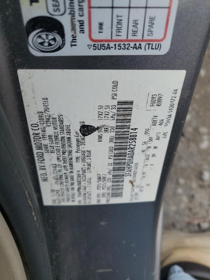 2010 Ford Fusion Se VIN: 3FAHP0HA0AR258814 Lot: 60470174