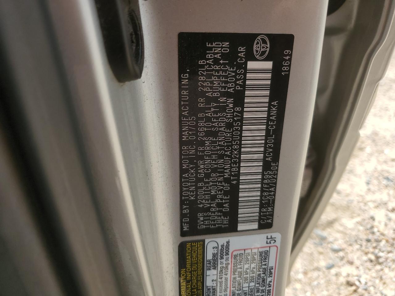 2005 Toyota Camry Le VIN: 4T1BE32K85U035178 Lot: 58671144