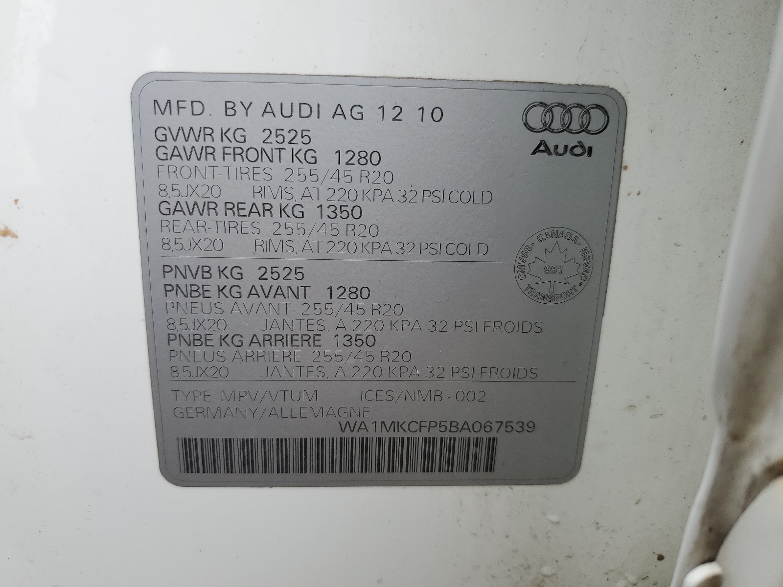 WA1MKCFP5BA067539 2011 Audi Q5 Premium Plus