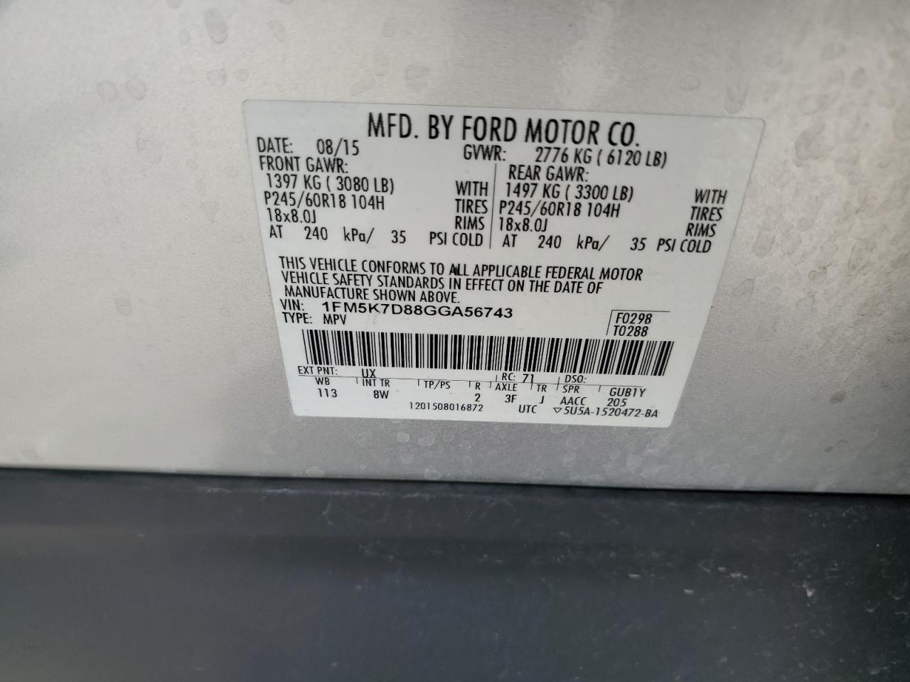 2016 Ford Explorer Xlt VIN: 1FM5K7D88GGA56743 Lot: 60665874