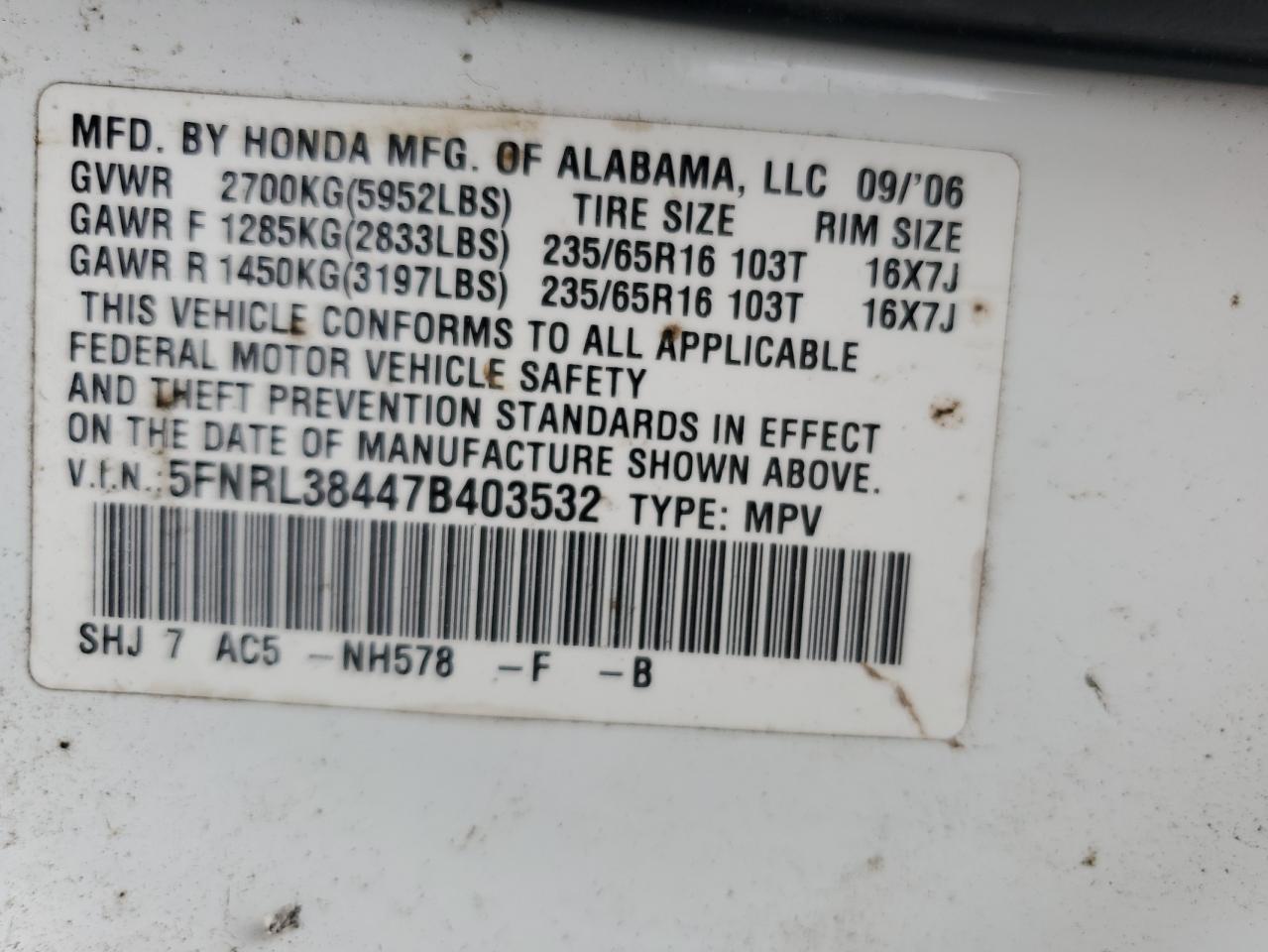 2007 Honda Odyssey Ex VIN: 5FNRL38447B403532 Lot: 59547214