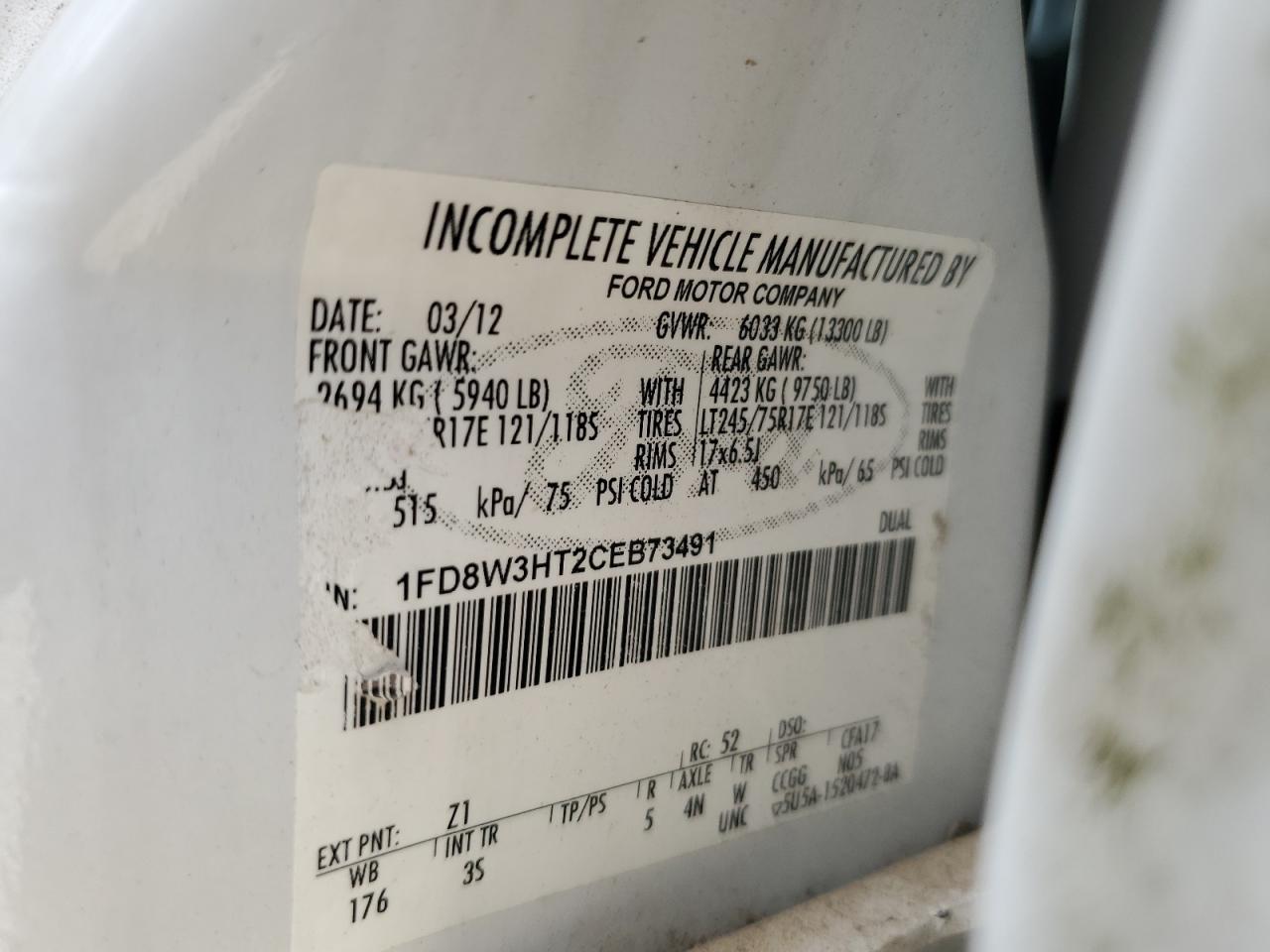 1FD8W3HT2CEB73491 2012 Ford F350 Super Duty