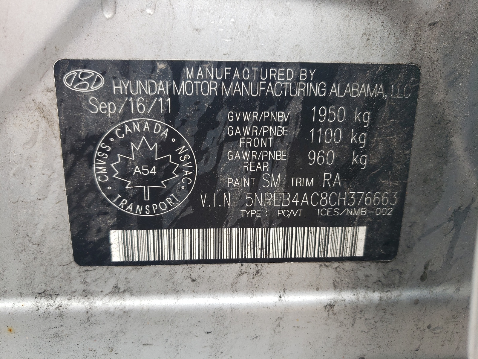 5NPEB4AC8CH376663 2012 Hyundai Sonata Gls