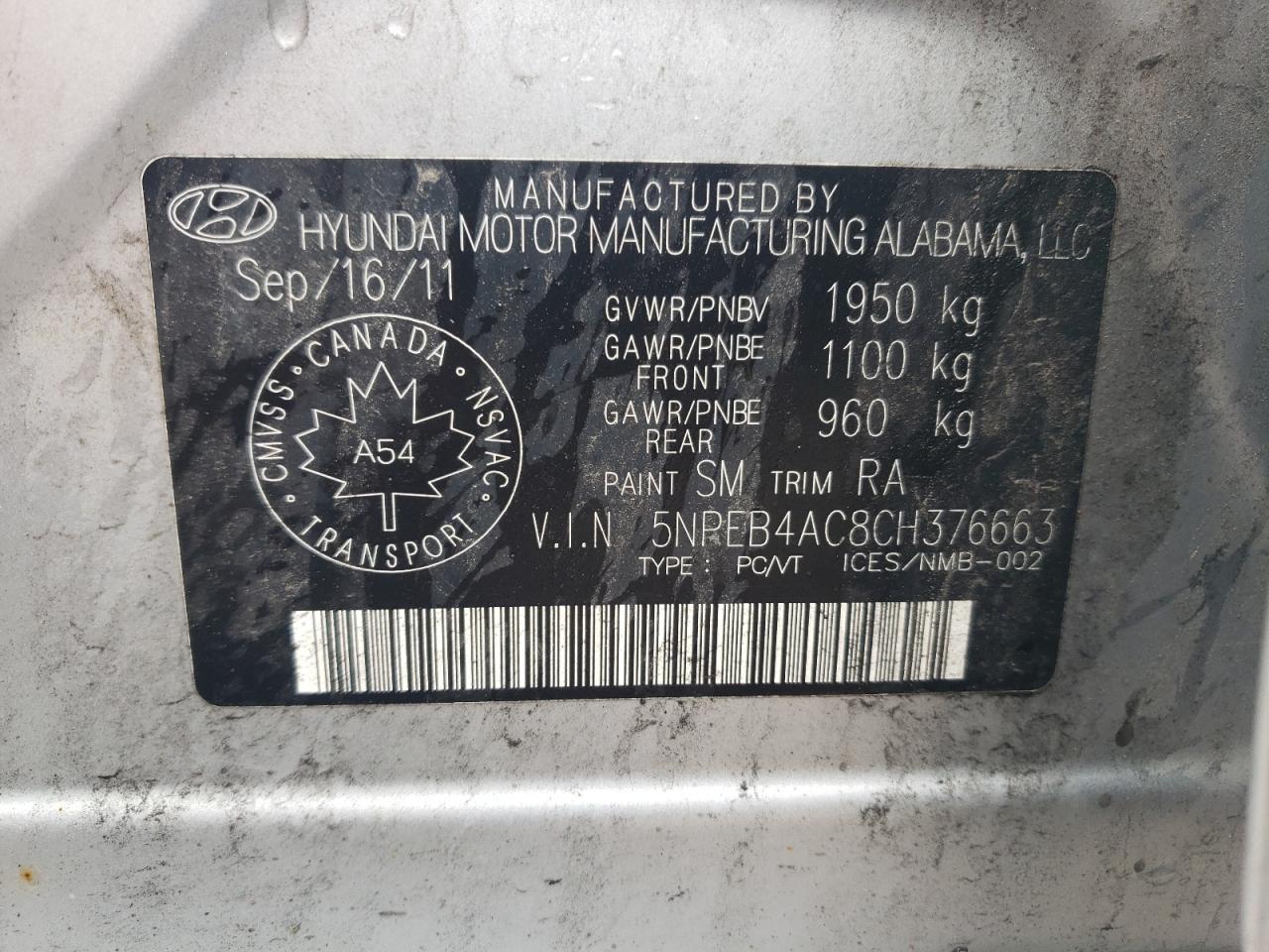 2012 Hyundai Sonata Gls VIN: 5NPEB4AC8CH376663 Lot: 60706184