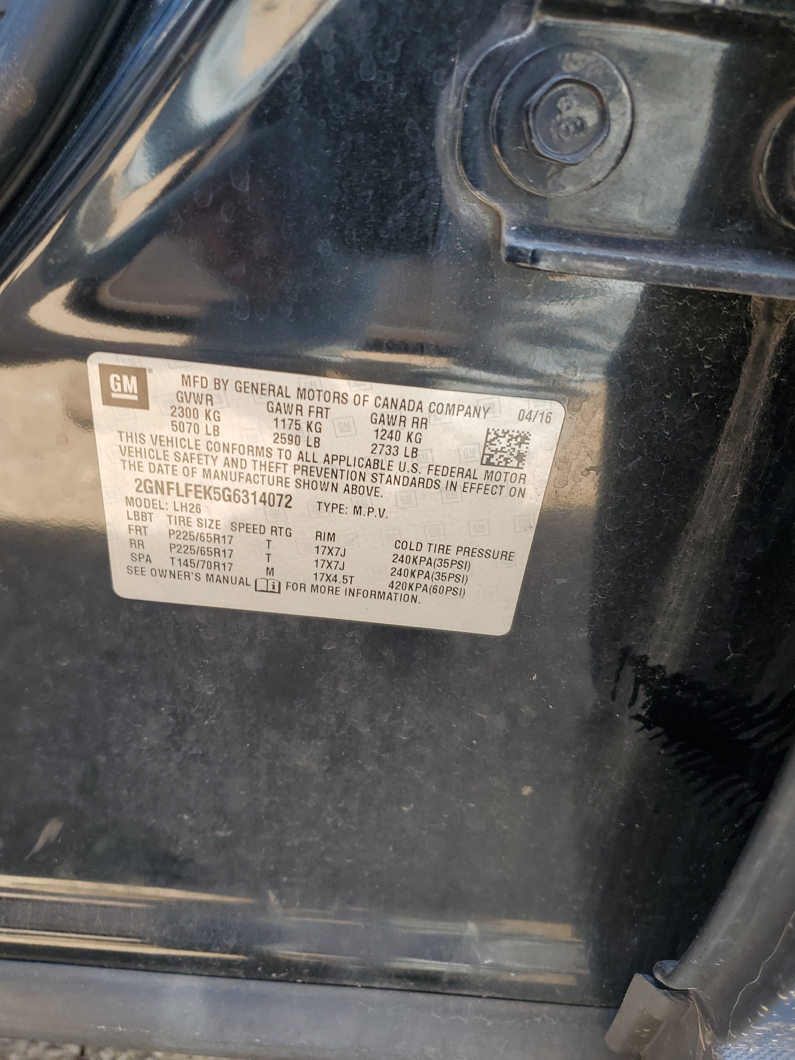 2GNFLFEK5G6314072 2016 Chevrolet Equinox Lt