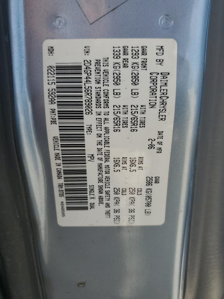 2006 Dodge Grand Caravan Sxt VIN: 2D4GP44L56R789026 Lot: 60835024