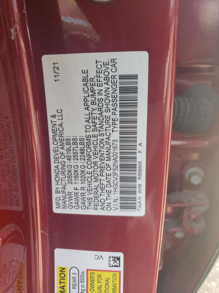 2022 Honda Accord Hybrid Exl VIN: 1HGCV3F52NA001673 Lot: 59944584