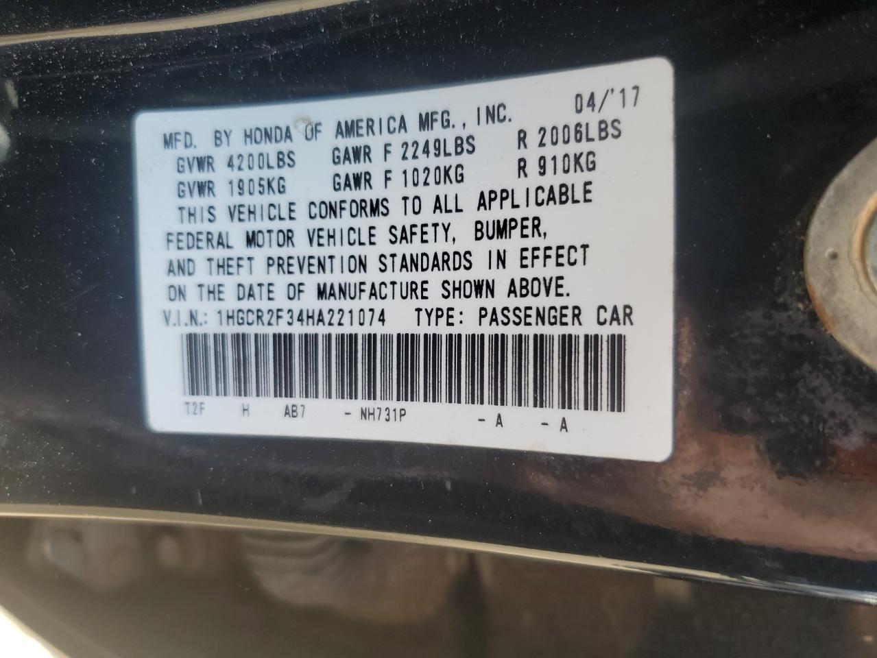 1HGCR2F34HA221074 2017 Honda Accord Lx