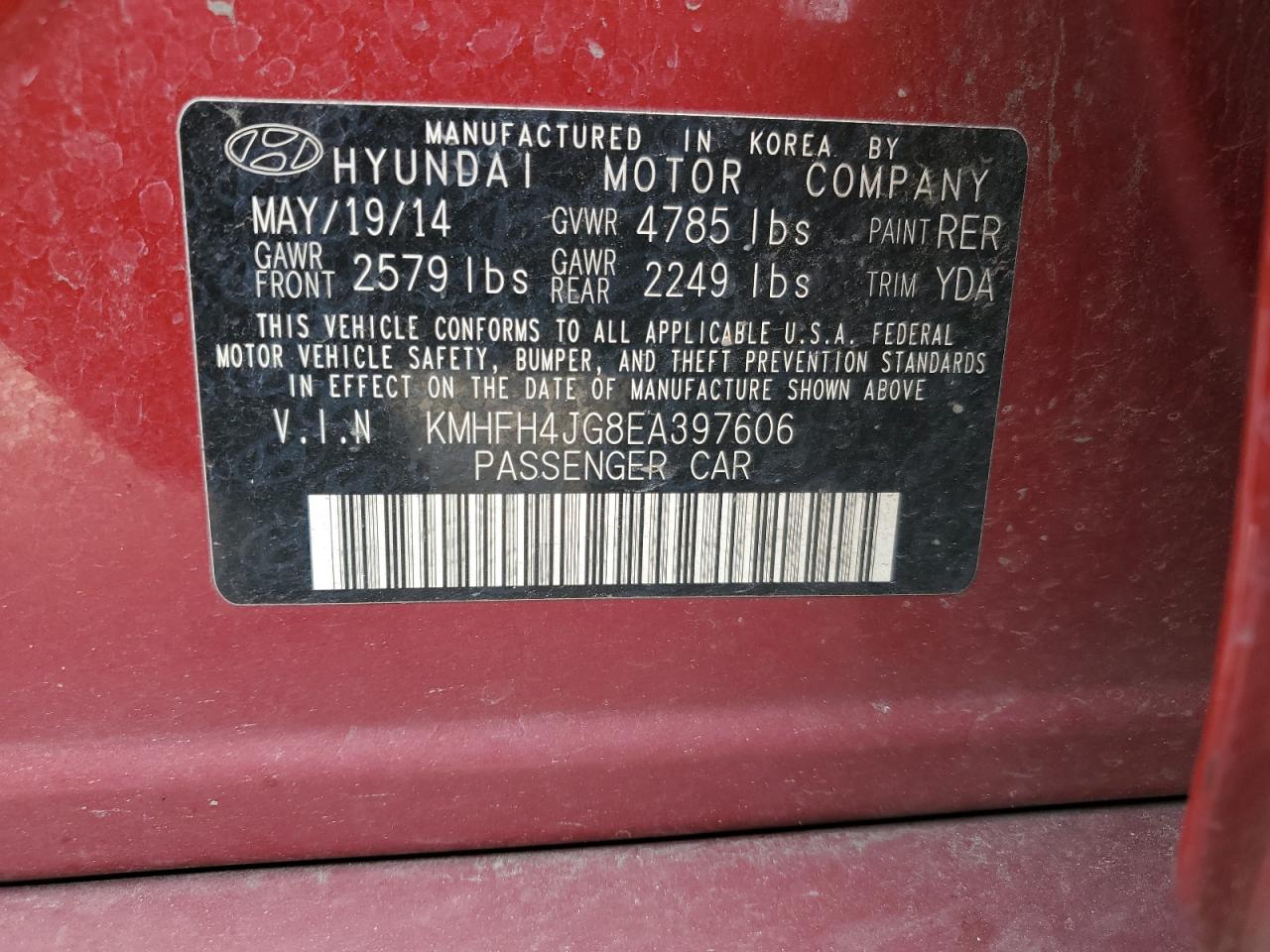 KMHFH4JG8EA397606 2014 Hyundai Azera Gls