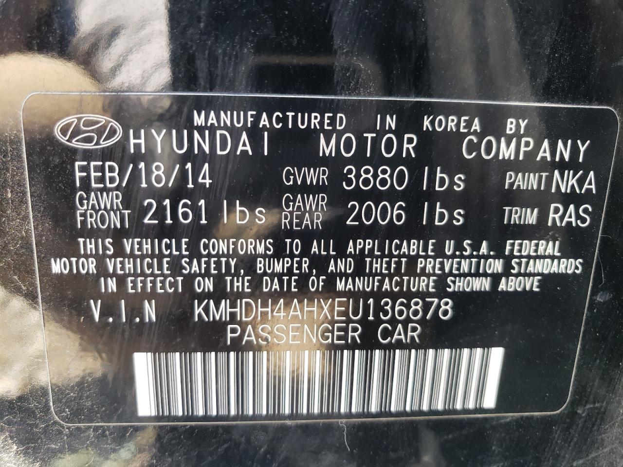 KMHDH4AHXEU136878 2014 Hyundai Elantra Se